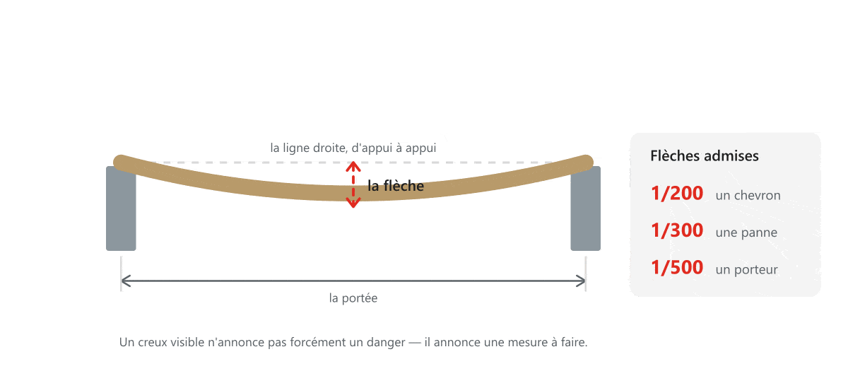 La flèche se mesure au milieu de la portée, par rapport à la ligne d'appui à appui. Schéma d'une pièce de charpente reposant sur deux appuis. La ligne droite entre les appuis sert de référence, la pièce s'infléchit en dessous, et la flèche est la distance entre les deux au milieu de la portée. Les flèches admises rappelées sont de 1/200 de la portée pour un chevron, 1/300 pour une panne et 1/500 pour un élément porteur.
